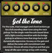  ?? ?? For the scale, triad arpeggio and chord sections go for a full sounding clean tone using the neck pickup. For the single-note line solo based ideas add a light crunchy overdrive with the bridge pickup to achieve a tone that sings but is still dynamicall­y expressive. Go easy on the gain and deliver the notes with commitment and conviction. Ensure all notes ring true and that you keep all idle open strings at bay with muting.