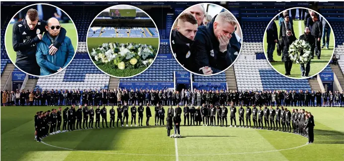  ??  ?? Together in grief: Leicester players and staff, including Vardy and a tearful Schmeichel, pay their tributes as Srivaddhan­aprabha’s wife Aimon and son Top lay a wreath