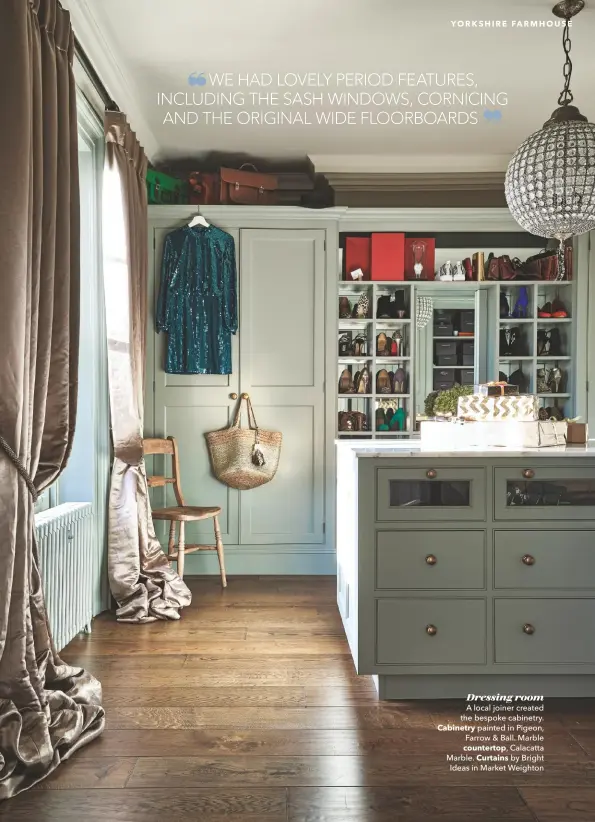  ??  ?? Dressing room A local joiner created the bespoke cabinetry. Cabinetry painted in Pigeon, Farrow & Ball. Marble countertop, Calacatta Marble. Curtains by Bright Ideas in Market Weighton