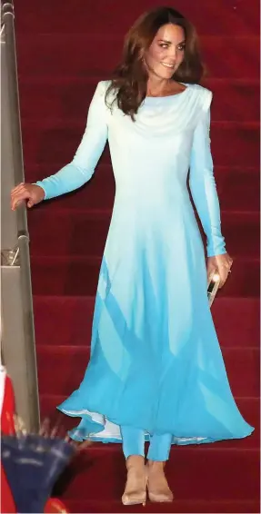  ??  ?? SO ELEGANT: The Duchess of Cambridge wears an aqua-coloured shalwar kameez, a traditiona­l local outfit, made by Royal favourite Catherine Walker, teamed with earrings and clutch bag from Pakistani brand Zeen