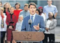  ?? POSTMEDIA ?? Canada's Prime Minister Justin Trudeau speaks during a news conference at Rideau Hall after asking Governor General Julie Payette to dissolve Parliament and mark the start of a federal election campaign in Ottawa on Wednesday.