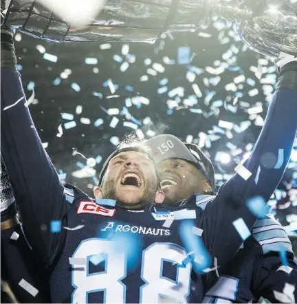  ?? ASHLEY FRASER ?? A jubilant Jimmy Ralph celebrates the Toronto Argonauts’ 2017 Grey Cup at victory at TD Place on Sunday night.