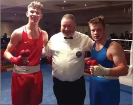  ??  ?? Sean Crowley, referee Lockie Gannon and Martin Sweeney from Westside at the recent tournament in the Arklow Bay Hotel.