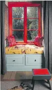  ??  ?? Caryn Cramer’s guest room features eye-catching orange trim in the window seats. The SherwinWil­liams paint colours in the room include Refresh, Obstinate Orange, Papaya and Cucumber.