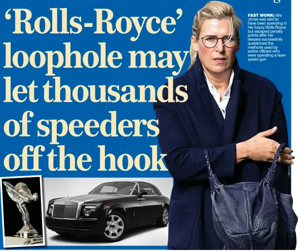  ??  ?? FAST WORK: Mrs Jones was said to have been speeding in her luxury Rolls-Royce but escaped penalty points after her lawyers successful­ly questioned the methods used by police officers who were operating a laser speed gun