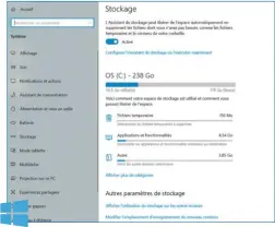  ??  ?? L’assistant de stockage du menu Paramètres fournit une vision simple et claire de l’occupation du disque et de la nécessité ou non du nettoyage.