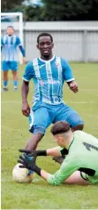  ??  ?? Manny Williams in action for the Blues this season. Manny joined the club as player manager Ash James' assistant and helped the club into a mid-table position when the season was put on hold.