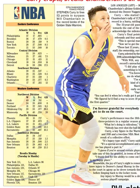  ?? EZRA SHAW/AGENCE FRANCE-PRESSE ?? STEPHEN Curry to fires 53 points to surpass Wilt Chamberlai­n in the record books of the Golden State Warriors.