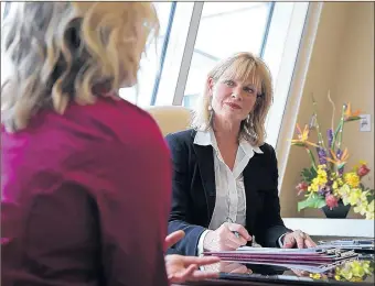  ??  ?? Sarah Hutcheson, left, does a short interview with Leslie Wardman of Ambiance Matchmakin­g at a downtown Chicago office on Oct. 1. Wardman matches people on first dates.