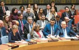  ?? CRAIG RUTTLE/AP ?? Linda Thomas-Greenfield, U.S. ambassador to the United Nations, votes to abstain as the U.N. Security Council passes a cease-fire resolution Monday for the Gaza conflict.