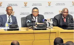  ?? PICTURE: GCIS ?? TOP BRASS: Police Minister Fikile Mbalula, flanked by his deputy Bongani Mkongi, left, and new acting national police commission­er, Lieutenant-General Lesetja Mothiba, at Parliament yesterday.