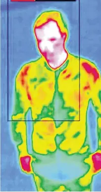  ??  ?? Heat-seeker: Heathrow Airport is beginning a test rollout of thermal imaging. Inset left, the Satir D600 handheld thermal screening camera
