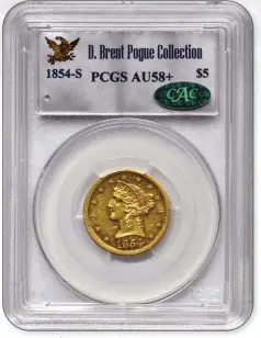  ??  ?? 1854-S $5 Liberty Head Half Eagle PCGS AU58+, commanded $1.92M at auction in early 2020. STACK’S BOWERS