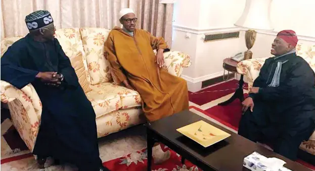  ??  ?? From left: National Leader of the All Progressiv­es Congress (APC), Asiwaju Bola Ahmed Tinubu, President Muhammadu Buhari and party Chieftain, Chief Bisi Akande, during the APC leaders visit to the president at Abuja House in London yesterday