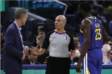  ?? BEN MARGOT — THE ASSOCIATED PRESS ?? Warriors coach Steve Kerr, left, and Draymond Green (23) speak to referee Jacyn Goble after Green was called for a technical foul in the second half against the Utah Jazz on Wednesday.