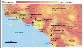  ?? Los Angeles Times ?? The hot, dry Santa Ana winds that can fan a wildfire into a monster blaze don’t blow uniformly across Southern California. Sources: American Geophysica­l Union, Max Moritz