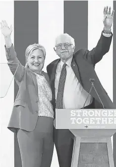  ?? TAYLOR HILL, WIREIMAGE ?? Sen. Bernie Sanders endorsed Hillary Clinton for president at Portsmouth High School on July 12 in Portsmouth, N. H.