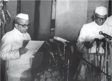  ??  ?? Acting President B.D. Jetty swears in Morarji Desai, leader of the Janata Party parliament­ary party as Prime Minister to head the first non-Congress Union ministry on March 24, 1977. Desai resigned on July 15, 1979 due to internal bickering in his party.