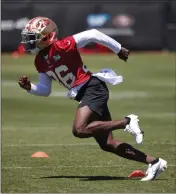  ?? JOSIE LEPE — BAY AREA NEWS GROUP ?? 49ers wide receiver Danny Gray runs drills during a rookie mini-camp at Levis Stadium in Santa Clara on Friday.