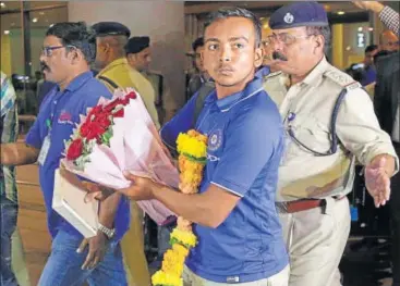  ?? AP ?? The victorious India under19 captain Prithvi Shaw on his arrival at the Mumbai airport on Monday.