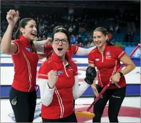  ?? The Canadian Press ?? Team Canada skip Kerri Einarson celebrates after defeating Manitoba during the final at the Scotties Tournament of Hearts, in Kamloops, on Sunday.