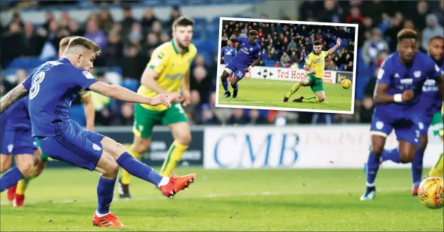  ?? PICTURES: Action Images ?? HERE WE GO: Joe Ralls scores Cardiff’s equaliser from the penalty spot and, inset, Omar Bogle clinches victory with the third