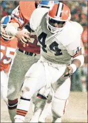  ??  ?? FEEL THE PAIN: (From left) The Browns’ 1986 season ended with John Elway’s “The Drive.” The next year, it was “The Fumble” by Earnest Byner. Fans were brokenhear­ted when Art Modell moved the team after the 1995 season.