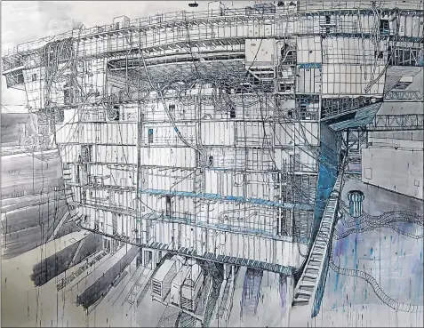  ??  ?? Lachlan Goudie’s Shipyard depicts HMS Queen Elizabeth, the Royal Navy’s largest warship, during its assembly at Rosyth