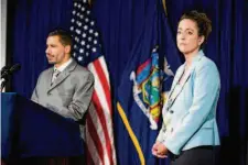  ?? Andrew Henderson/New York Times 2008 ?? Laura Anglin looks on as Gov. David Paterson speaks in 2008. Anglin served in New York government for many years.