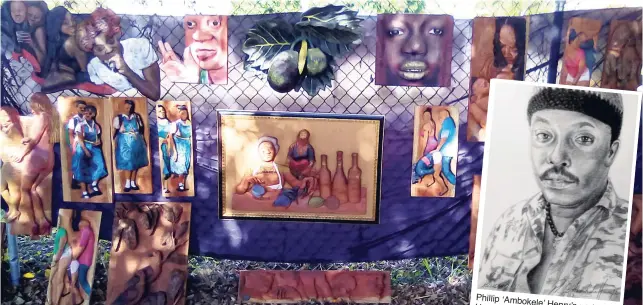  ??  ?? Devon Garcia’s chiselled relief wall plaques depicting aspects of Jamaican life. Phillip ‘Ambokele’ Hospitalit­y Henry’s portrait Jamaica of writer.