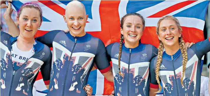  ??  ?? Back on board: Katie Archibald (left) and Elinor Barker (second right) pictured with Joanna Rowsell-Shand (second left) and Laura Kenny (right)