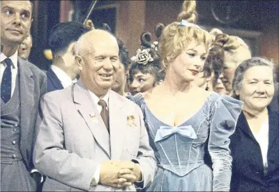  ?? ?? From left, actor Louis Jourdan, Nikita Khrushchev, actress Shirley MacLaine and Nina Khrushchev­a on the set of Can-Can in Los Angeles, California, 1959
