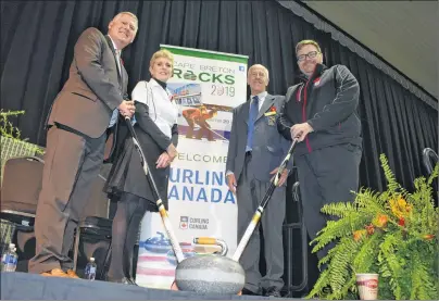  ?? GREG MCNEIL/CAPE BRETON POST ?? The 2019 edition of the Scotties Tournament of Hearts will be contested at Centre 200 in Sydney. Curling Canada made the official announceme­nt in Sydney on Friday. From left, CBRM Mayor Cecil Clarke, Virginia Jackson, a former provincial curling...