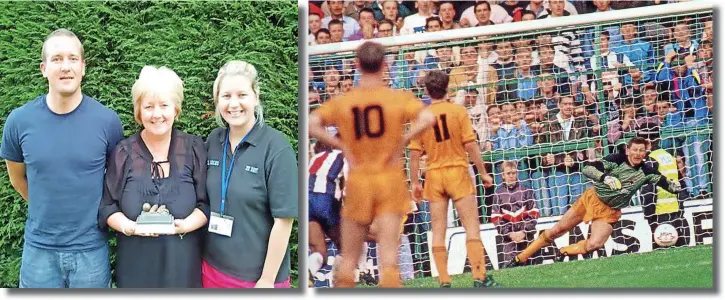  ??  ?? Lee, Gaynor and Lori Kendall
Mark Kendall saves a penalty at the Hawthorns, in a game the Wolves will go on to win