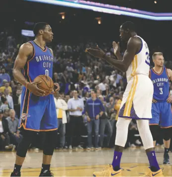  ?? AP FILE PHOTO ?? In this Nov. 3, 2016, file photo, Golden State Warriors player Kevin Durant, right, celebrates in front of Oklahoma City Thunder guard Russell Westbrook in Oakland, Calif.