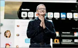  ?? BROOKS KRAFT/AP ?? Apple CEO Tim Cook delivers the keynote address at Monday’s worldwide conference.