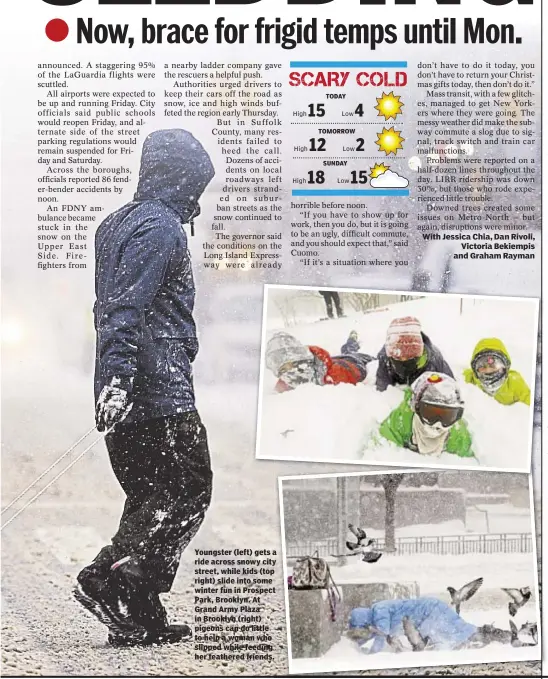  ??  ?? Youngster (left) gets a ride across snowy city street, while kids (top right) slide into some winter fun in Prospect Park, Brooklyn. At Grand Army Plaza in Brooklyn (right) pigeons can do little to help a woman who slipped while feeding her feathered...