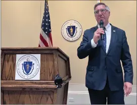  ?? ALISON KUZNITZ — SHNS ?? Senate Ways and Mean Chairman Michael Rodrigues speaks during a private school advocacy day event on Thursday, April 11, 2024.