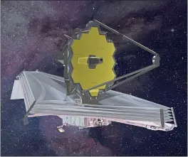  ?? NORTHROP GRUMMAN — NASA ?? Artistic rendering of the James Webb Space Telescope. On Monday the world’s biggest and most powerful space telescope reached its final destinatio­n 1million miles away, one month after launching on a quest to behold the dawn of the universe.