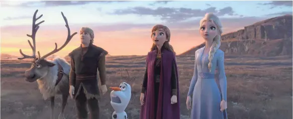  ?? DISNEY ?? A new mystery takes Sven, from left, Kristoff (Jonathan Groff), Olaf (Josh Gad), Anna (Kristen Bell) and Elsa (Idina Menzel) beyond the gates of Arendelle in “Frozen 2.”