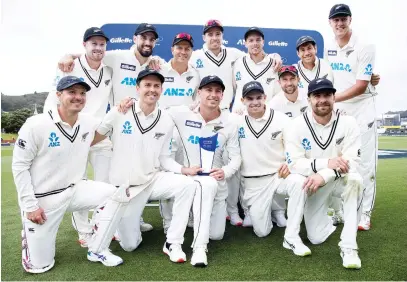  ?? Picture: AFP ?? JOB DONE. New Zealand celebrate after they swept the West Indies 2- 0 in their Test series which ended at the Basin Reserve in Wellington yesterday.