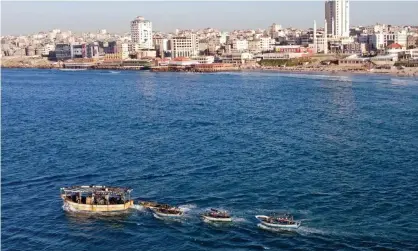  ?? Photograph: Mohammed Salem/ Reuters ?? A picture taken with a drone shows Palestinia­n fishing boats near Gaza’s seaport in Gaza City last month.