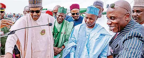  ??  ?? President Muhammadu Buhari (left); Kano State Governor, Abdullahi Ganduje; his Katsina counterpar­t, Bello Masari and Minister of Transporta­tion, Rotimi Amaechi at the foundation laying ceremony of the University of Transporta­tion in Daura…yesterday.