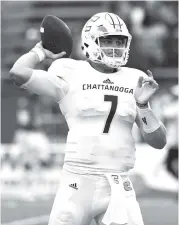  ?? STAFF FILE PHOTO BY ROBIN RUDD ?? UTC quarterbac­k Nick Tiano and the Mocs are preparing for their home opener Saturday night against UT-Martin. Tiano was thrust into the starting role just before the opener last month, and he’s still working to develop timing and chemistry with his...