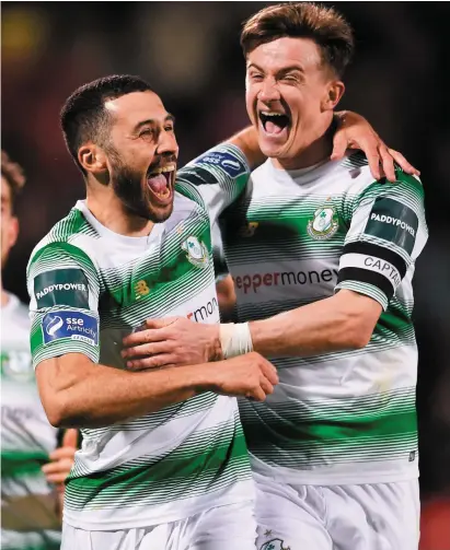  ?? EÓIN NOONAN/SPORTSFILE ?? Roberto Lopes celebrates with Ronan Finn after scoring Shamrock Rovers’ third goal of their 3-0 win over Cork City in last night’s SSE Airtricity League Premier Division clash at Tallaght Stadium