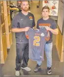  ?? Special to The Daily Courier ?? Okanagan Sun head coach Ben Macauley, left, welomes quarterbac­k Jakob Loucks to the fold for the 2018 season.