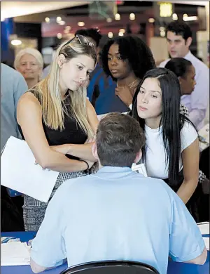  ?? AP ?? Applicants attend a job fair earlier this year in Sunrise, Fla. Friday’s Labor Department report showed a dip in job growth while the unemployme­nt rate remained at 3.7 percent and wages rose at a solid clip.