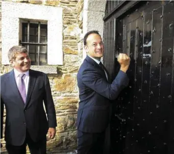  ??  ?? “I Keep on Knocking” - new Fine Gael leader Leo Varadkar and Andrew Doyle T. D at Wicklow Gaol last May 22nd. Pic: Garry O’Neill.