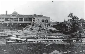  ??  ?? SKATING RINK: The ruins of the skating rink that faced the Oaklawn Park grandstand across Central Avenue in 1916. Damage to the grandstand’s roof is visible. Photograph courtesy of Garland County Historical Society.