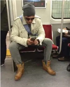  ?? TUMBLR ?? Man-spreading is the act of riding transit with their legs spread wide enough that they take up two seats. It is viewed as inconsider­ate and rude.